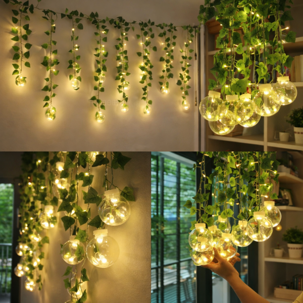 Artificial Ivy Leaf LED Wish Ball Curtain Lights - 10 Hanging Glass Balls with Greenery Garland for Home Decor